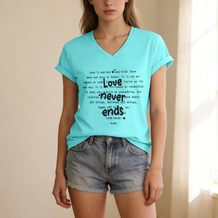 Christianartworkshop T-shirt casual con scollo a V e versetto biblico "L'amore non finisce mai". - image 9