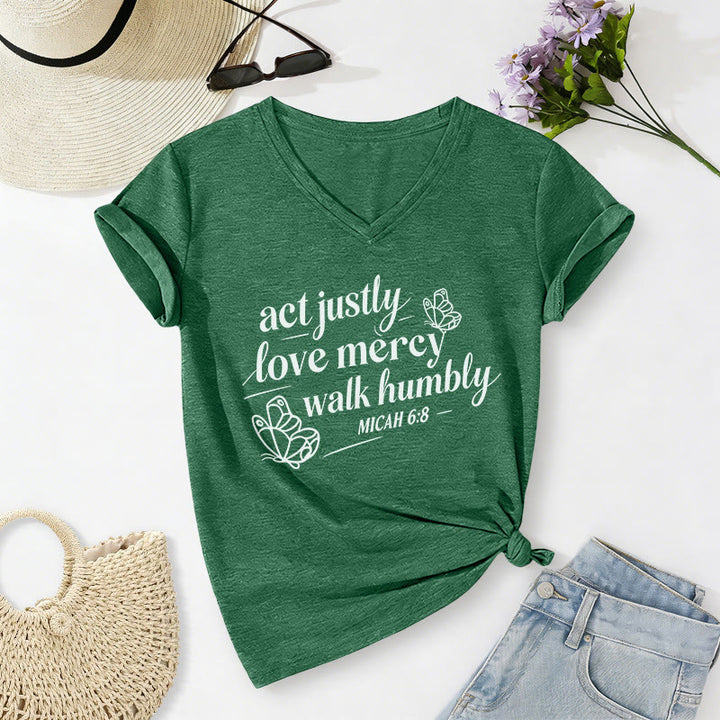 Christianartworkshop Agisci con giustizia, ama la misericordia, cammina con umiltà. Michea 6:8. Maglietta casual con scollo a V e stampa a farfalla. - Verde scuro - 2XL - image 14
