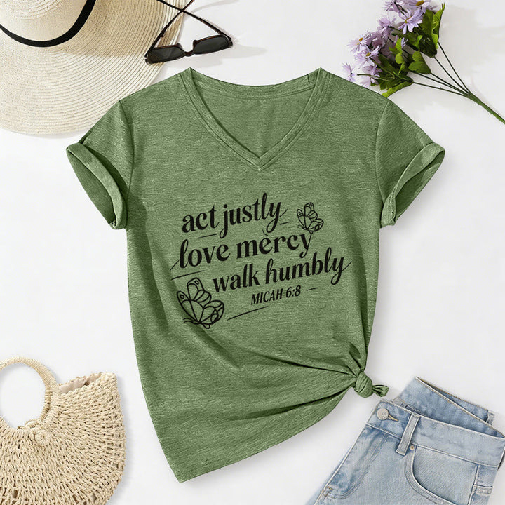 Christianartworkshop Agisci con giustizia, ama la misericordia, cammina con umiltà. Michea 6:8. Maglietta casual con scollo a V e stampa a farfalla. - Verde oliva - 2XL - image 6