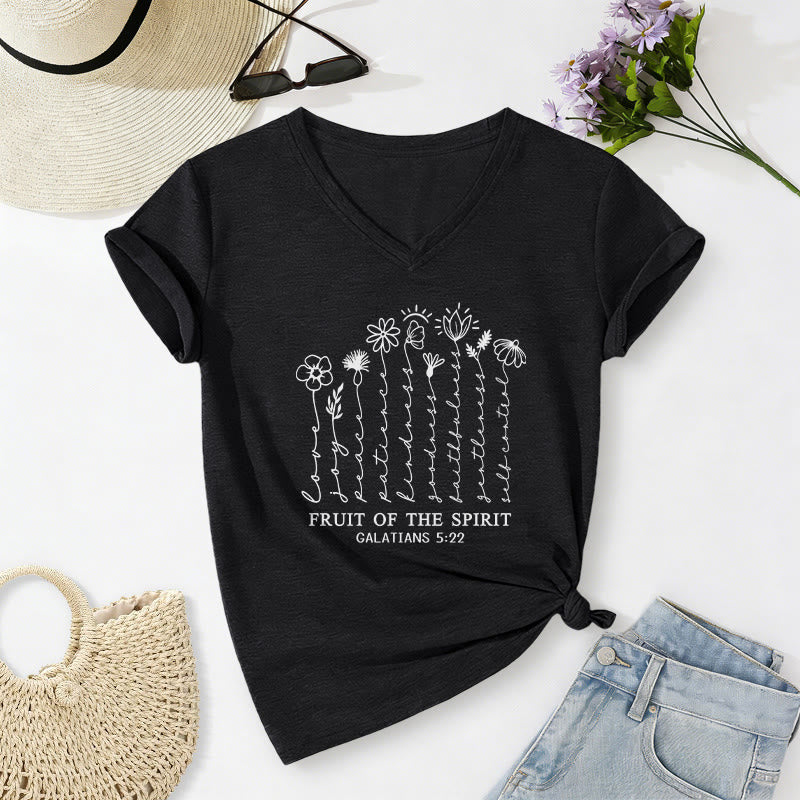 Christianartworkshop Frutto dello Spirito Galati 5:22 T-shirt casual con scollo a V e stampa floreale - Nero - 2XL - image 12