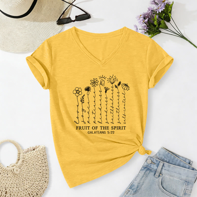 Christianartworkshop Frutto dello Spirito Galati 5:22 T-shirt casual con scollo a V e stampa floreale - Giallo - 2XL - image 0