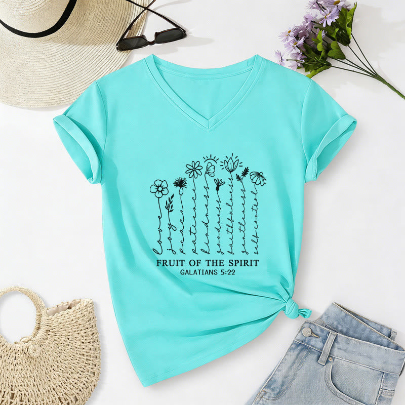 Christianartworkshop Frutto dello Spirito Galati 5:22 T-shirt casual con scollo a V e stampa floreale - Blu celeste - 2XL - image 8