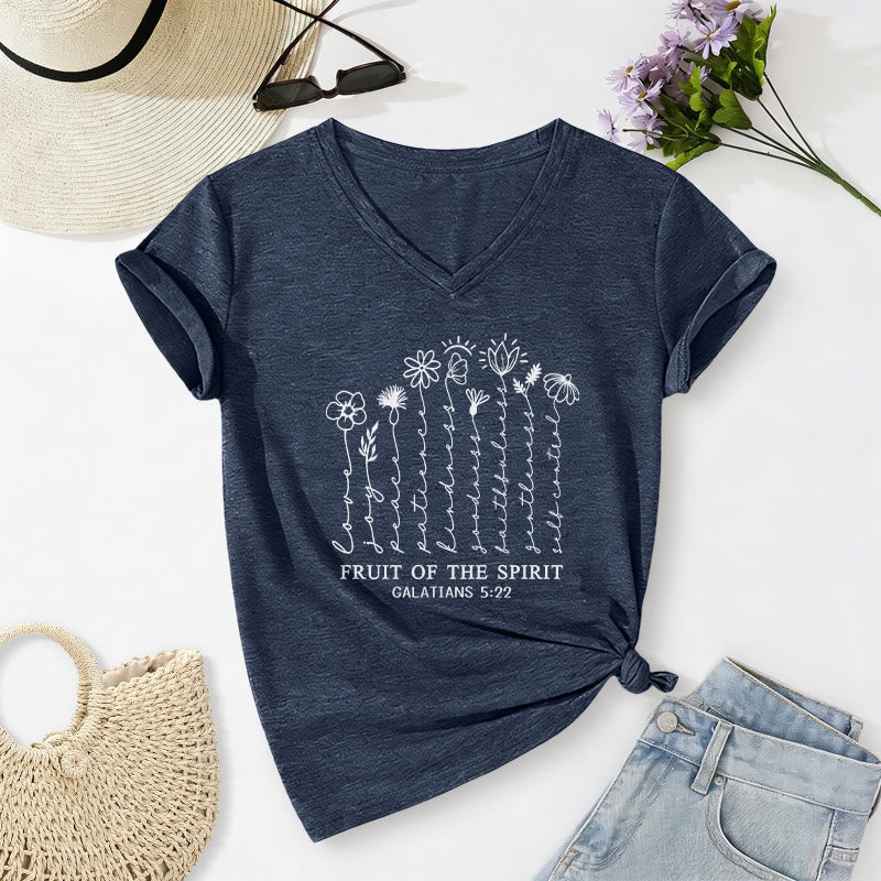 Christianartworkshop Frutto dello Spirito Galati 5:22 T-shirt casual con scollo a V e stampa floreale - Blu navy - 2XL - image 18