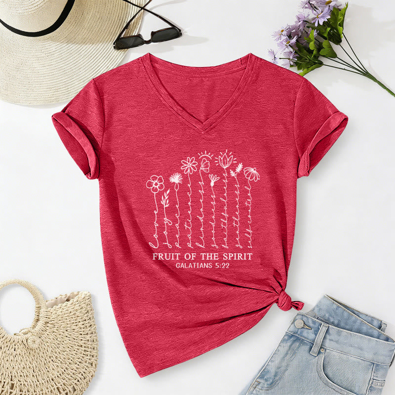 Christianartworkshop Frutto dello Spirito Galati 5:22 T-shirt casual con scollo a V e stampa floreale - Rosso - 2XL - image 22