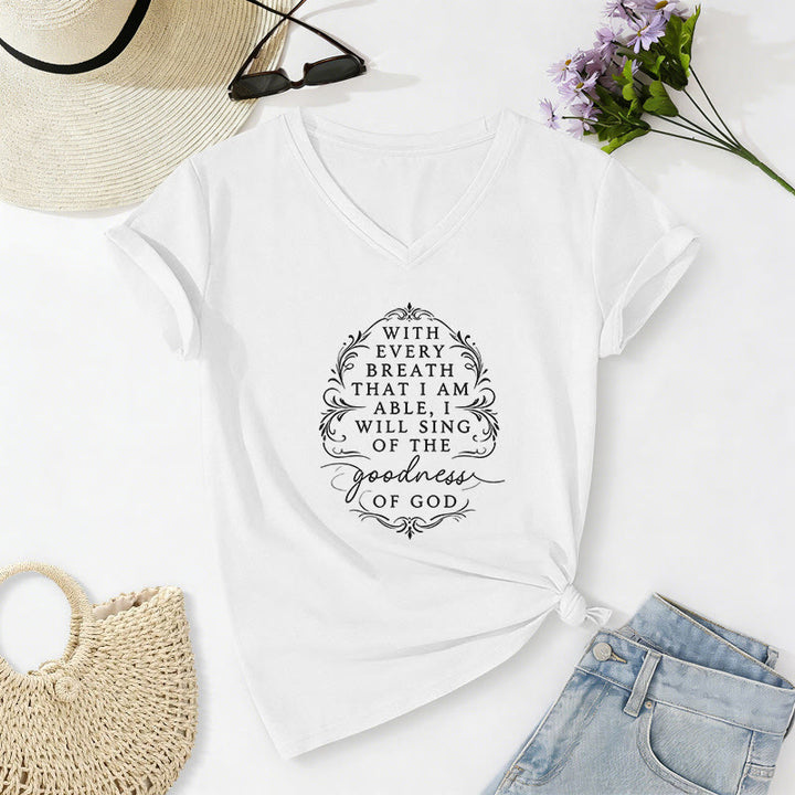 Christianartworkshop Con ogni respiro canterò la bontà di Dio. T-shirt casual con scollo a V e stampa floreale ispiratrice. - Bianco - 2XL - image 8