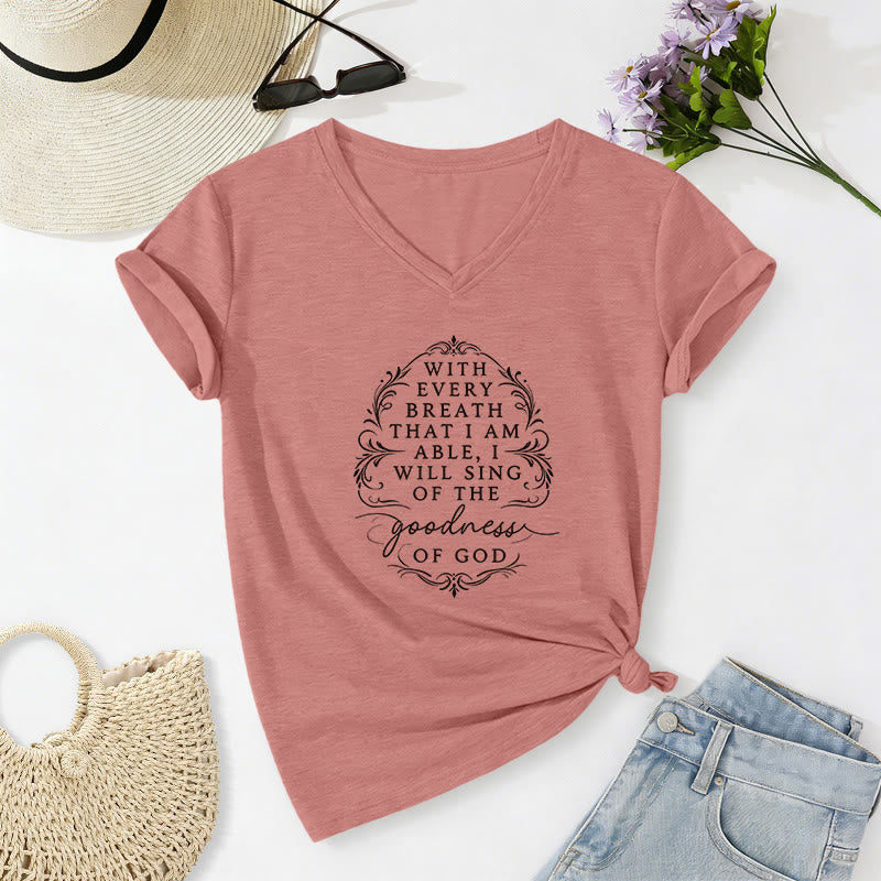 Christianartworkshop Con ogni respiro canterò la bontà di Dio. T-shirt casual con scollo a V e stampa floreale ispiratrice. - Rosa chiaro - 2XL - image 12