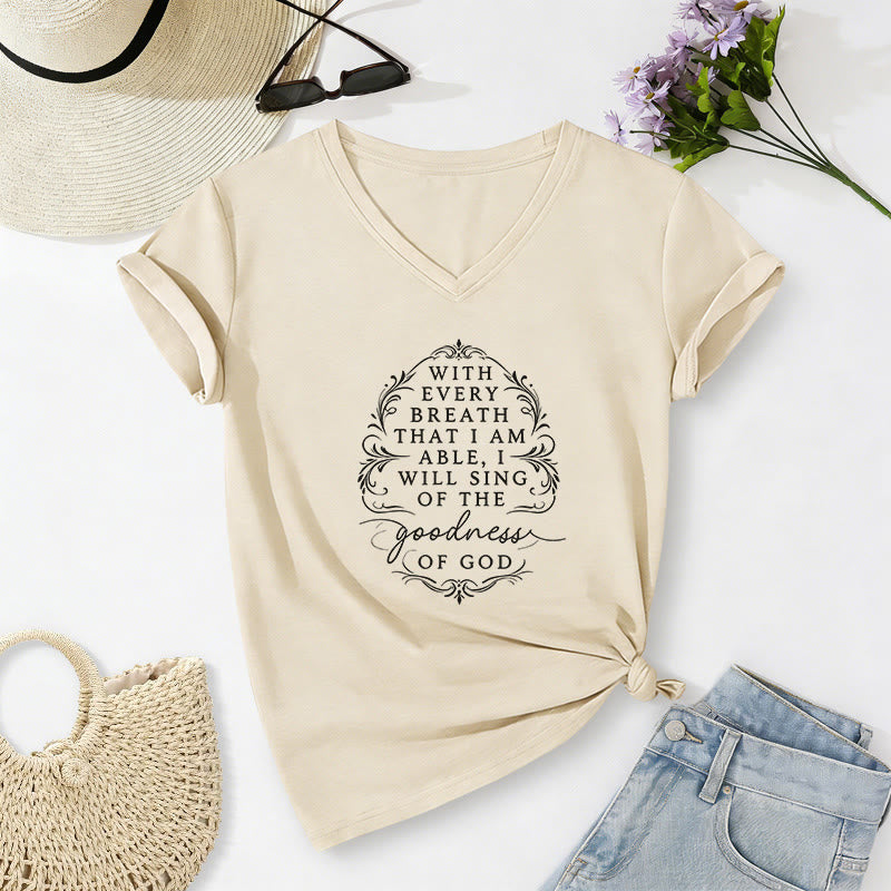 Christianartworkshop Con ogni respiro canterò la bontà di Dio. T-shirt casual con scollo a V e stampa floreale ispiratrice. - Beige - 2XL - image 4