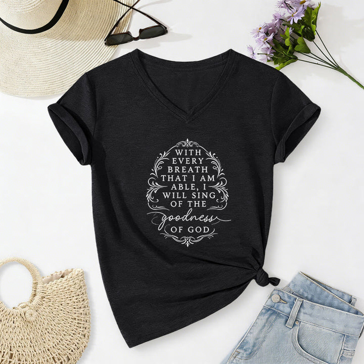 Christianartworkshop Con ogni respiro canterò la bontà di Dio. T-shirt casual con scollo a V e stampa floreale ispiratrice. - Nero - 2XL - image 14