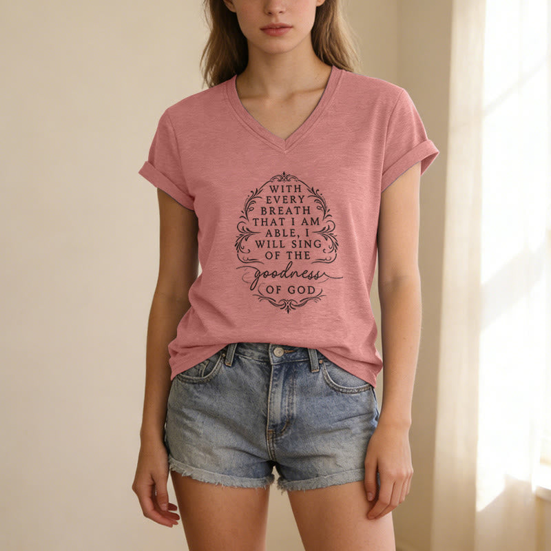 Christianartworkshop Con ogni respiro canterò la bontà di Dio. T-shirt casual con scollo a V e stampa floreale ispiratrice. - image 13