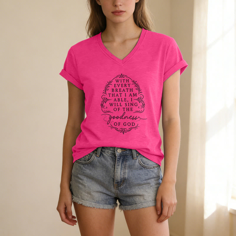 Christianartworkshop Con ogni respiro canterò la bontà di Dio. T-shirt casual con scollo a V e stampa floreale ispiratrice. - image 25