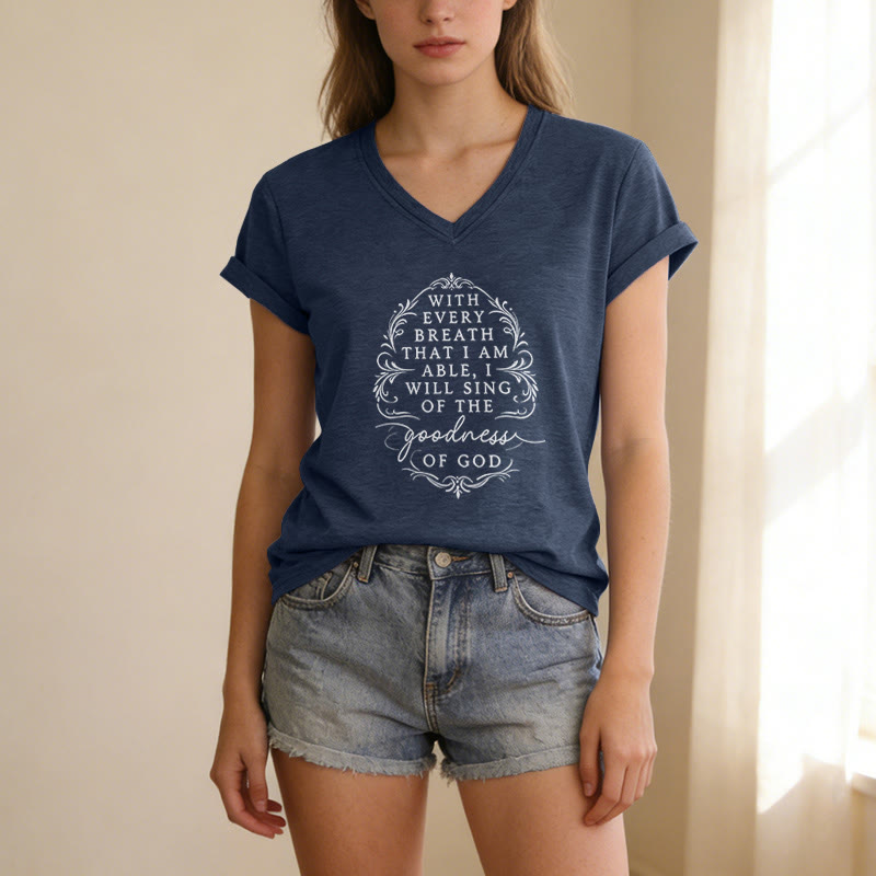 Christianartworkshop Con ogni respiro canterò la bontà di Dio. T-shirt casual con scollo a V e stampa floreale ispiratrice. - image 19