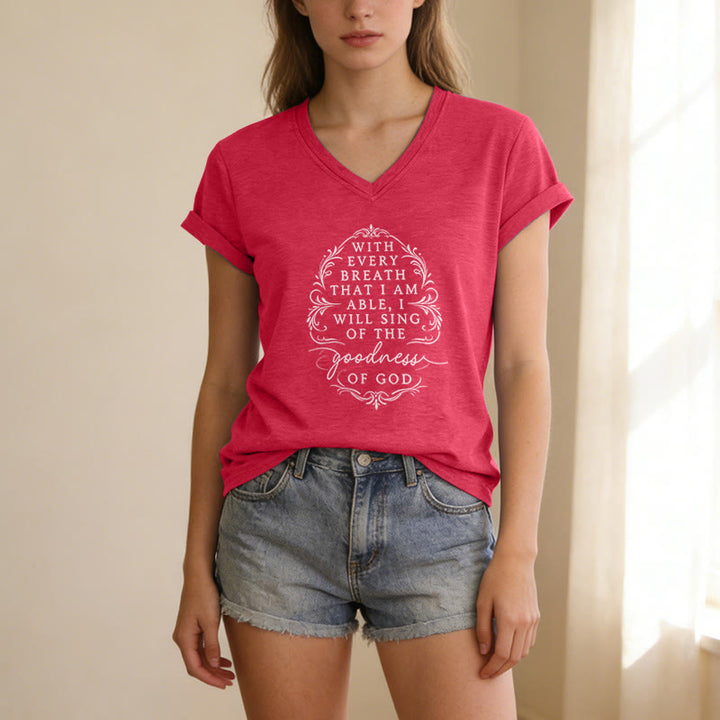 Christianartworkshop Con ogni respiro canterò la bontà di Dio. T-shirt casual con scollo a V e stampa floreale ispiratrice. - image 23
