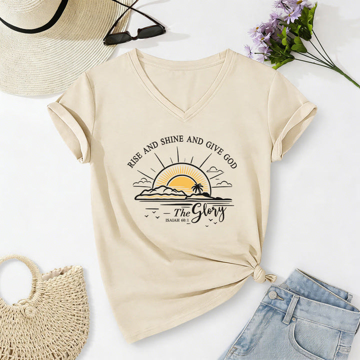 Christianartworkshop Alzati, risplendi e dai gloria a Dio Isaia 60:1 Maglietta casual con scollo a V e stampa dell'alba - Beige - 2XL - image 0