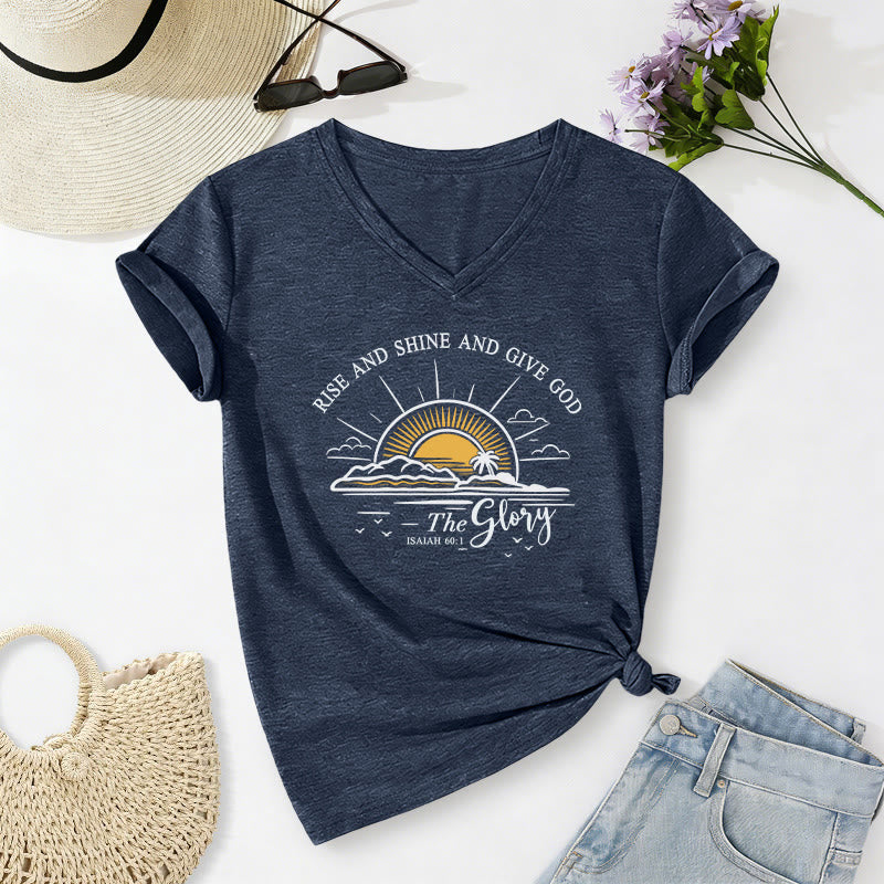 Christianartworkshop Alzati, risplendi e dai gloria a Dio Isaia 60:1 Maglietta casual con scollo a V e stampa dell'alba - Blu navy - 2XL - image 18