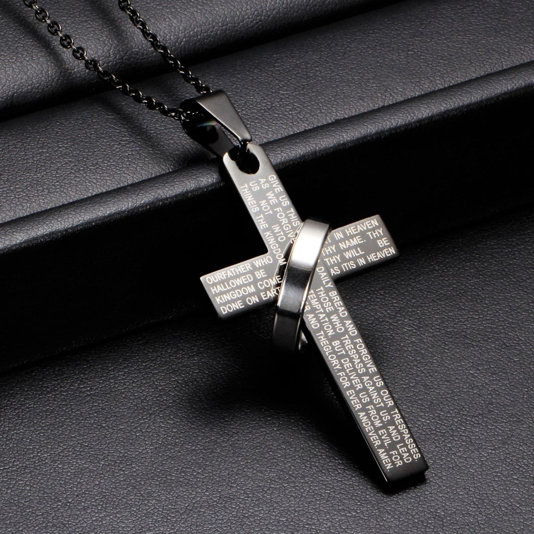 Collana con ciondolo a croce inciso con la preghiera del Signore e anello girevole, Christianartworkshop. - Nero - image 0