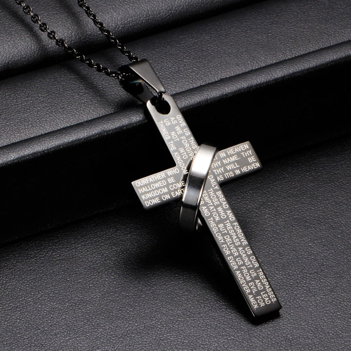 Collana con ciondolo a croce inciso con la preghiera del Signore e anello girevole, Christianartworkshop. - Nero - image 0