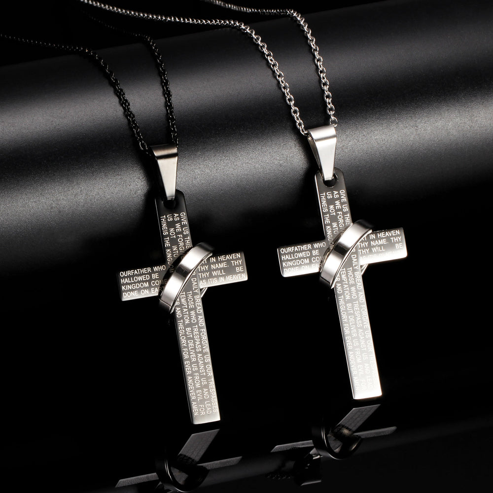 Collana con ciondolo a croce inciso con la preghiera del Signore e anello girevole, Christianartworkshop. - image 1