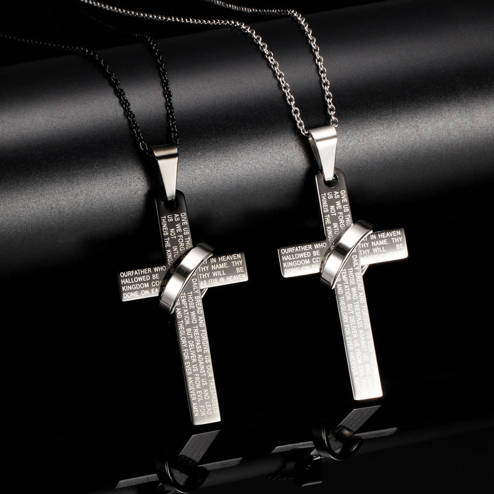 Collana con ciondolo a croce inciso con la preghiera del Signore e anello girevole, Christianartworkshop. - image 1