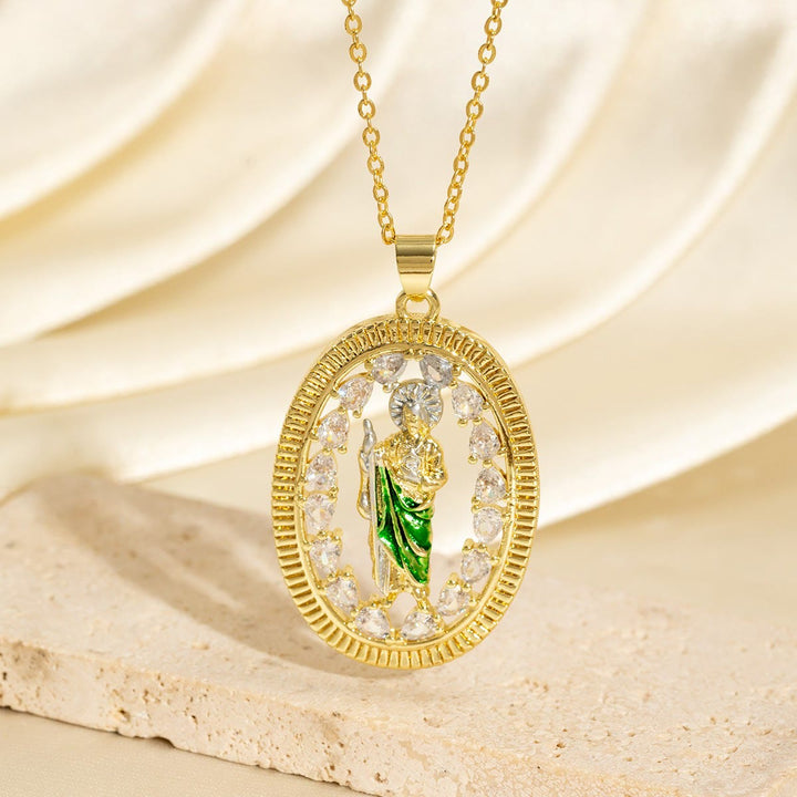 Collana con ciondolo smaltato di San Giuda con alone di zirconi, realizzata Christianartworkshop : simbolo di speranza e protezione divina. - San Giuda - image 0