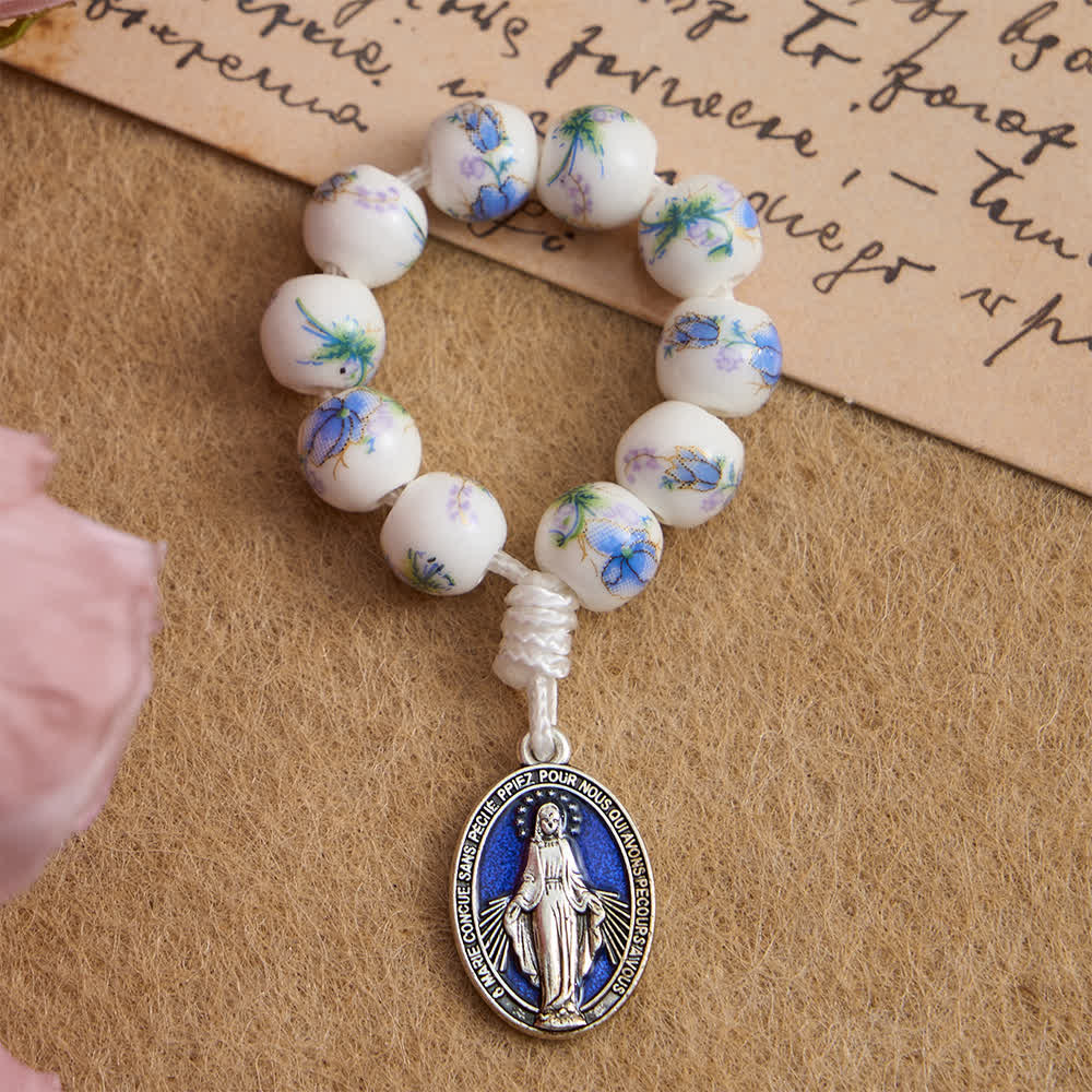 Christianartworkshop Rosario da dito in ceramica blu con decorazioni floreali e devozione alla Madonna. - 10 pezzi - image 0