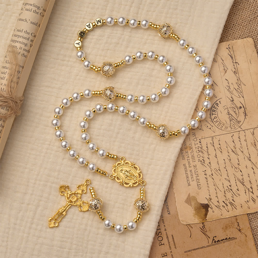 Christianartworkshop Elegante rosario bianco della Vergine Maria con lettere personalizzate per il nome - image 3