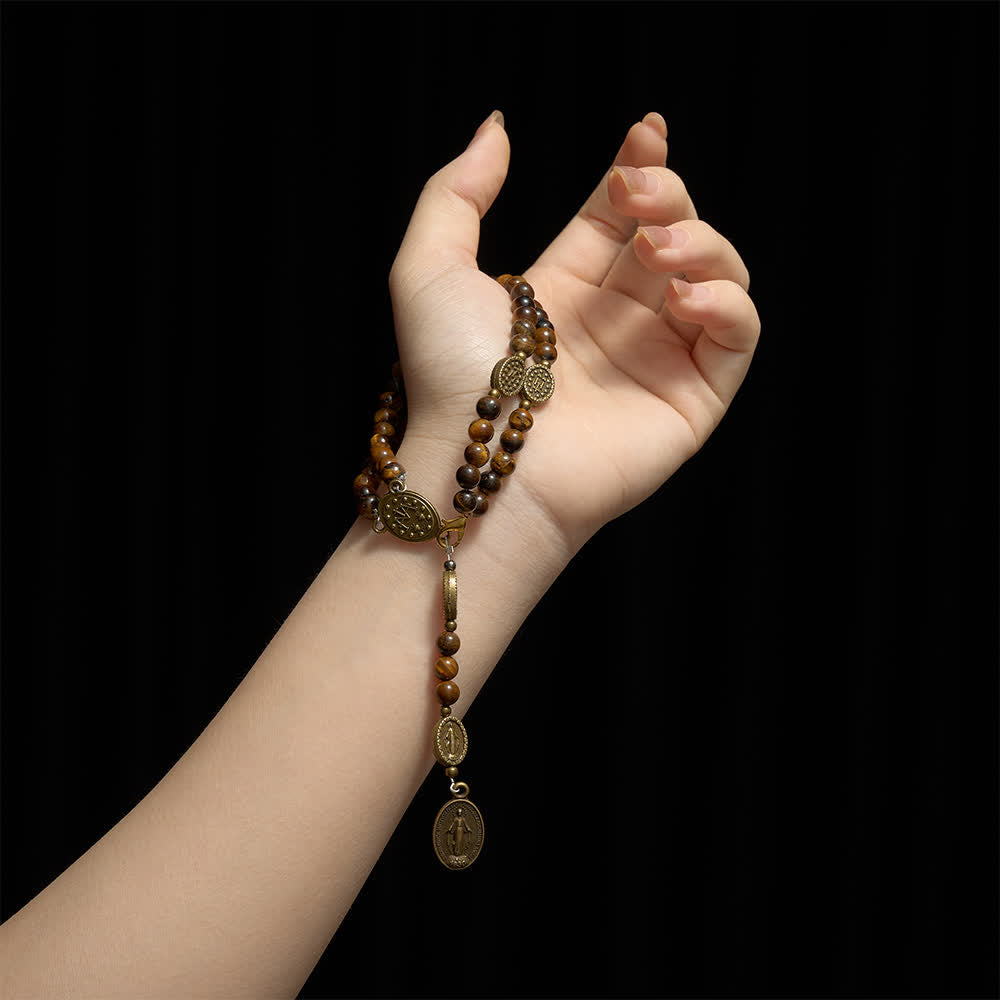 Christianartworkshop Bracciale rosario vintage in bronzo e occhio di tigre con medaglia miracolosa - image 1