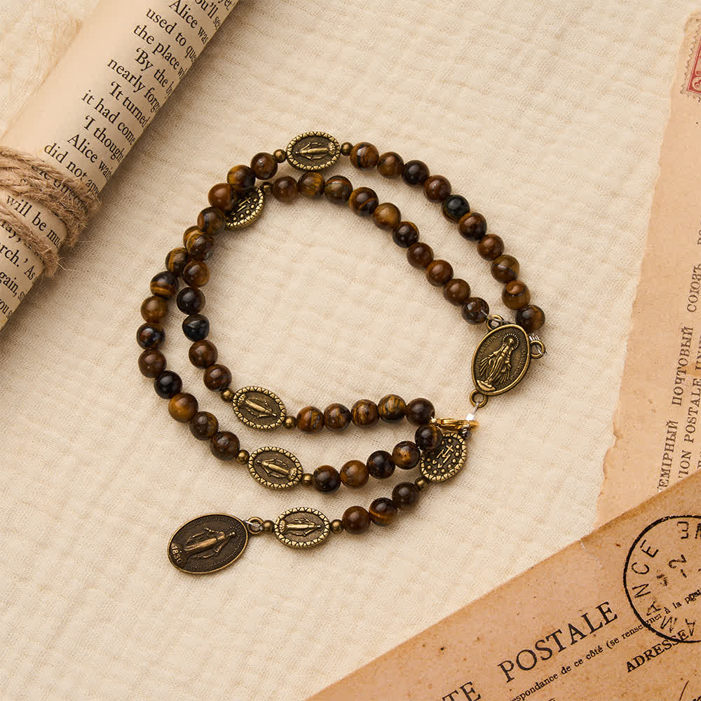 Christianartworkshop Bracciale rosario vintage in bronzo e occhio di tigre con medaglia miracolosa - Circonferenza del polso: 5,91"-9,84"/15-25 cm - image 0