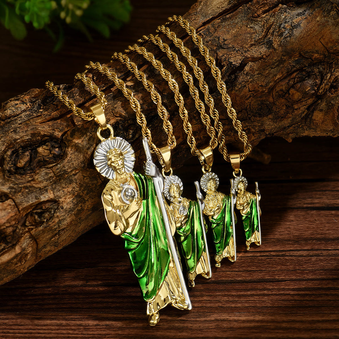 Christianartworkshop Collana con ciondolo di San Giuda in quattro misure con veste verde brillante: simbolo di speranza e protezione divina. - image 0