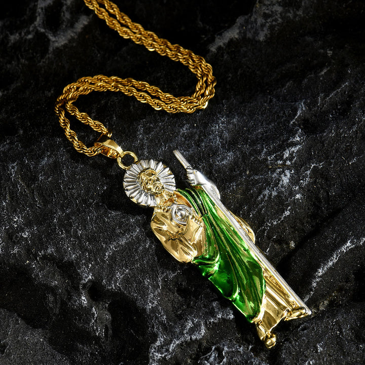 Christianartworkshop Collana con ciondolo di San Giuda in quattro misure con veste verde brillante: simbolo di speranza e protezione divina. - image 1