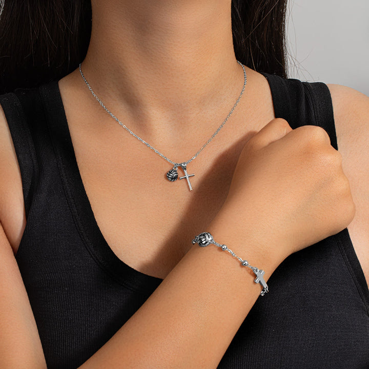 Christianartworkshop Set di gioielli con pallone sportivo e croce (collana + bracciale) con biglietto: simbolo di fede e passione per lo sport. - Pallavolo argento B - image 5