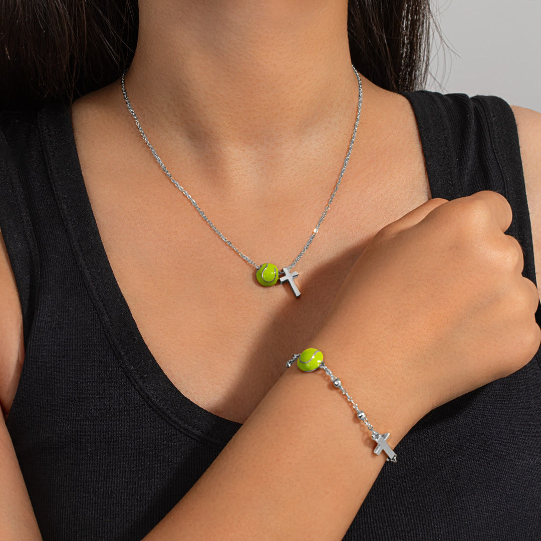 Christianartworkshop Set di gioielli con pallone sportivo e croce (collana + bracciale) con biglietto: simbolo di fede e passione per lo sport. - Tennis Argento A - image 21