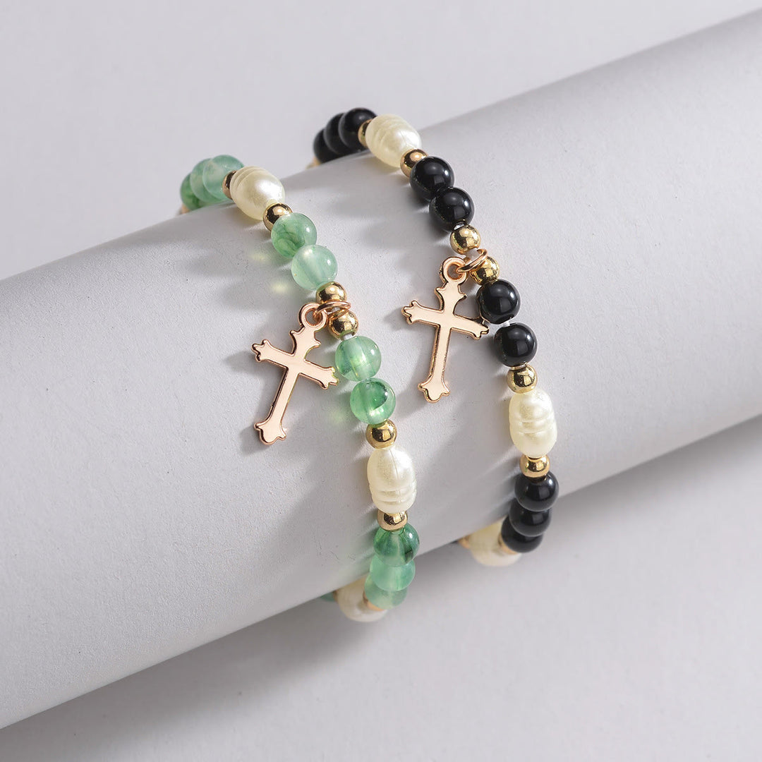 Christianartworkshop Duo di braccialetti impilabili con croce e perline: un simbolo di fede incrollabile e bellezza versatile. - image 4