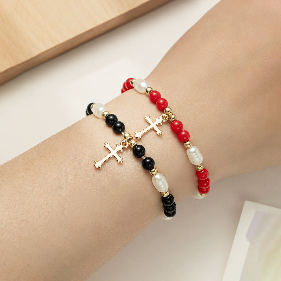 Christianartworkshop Duo di braccialetti impilabili con croce e perline: un simbolo di fede incrollabile e bellezza versatile. - Rosso e nero - image 5