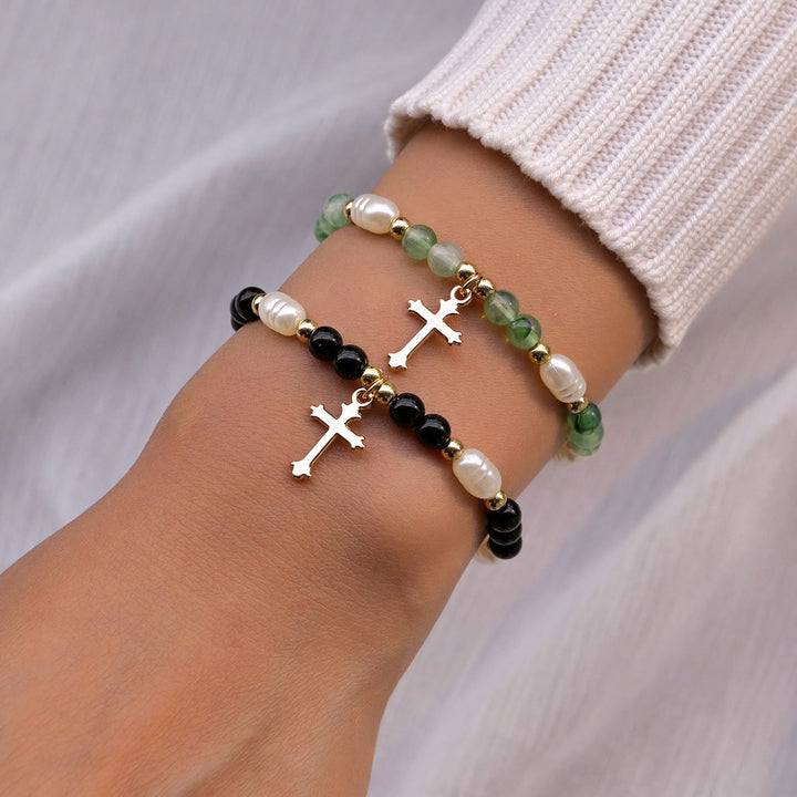 Christianartworkshop Duo di braccialetti impilabili con croce e perline: un simbolo di fede incrollabile e bellezza versatile. - Verde e nero - image 0