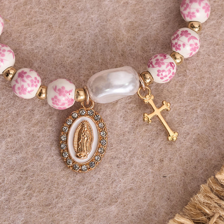 Christianartworkshop Bracciale in ceramica blu/rosa con motivo floreale e grande perlina bianca decorativa: un promemoria della grazia divina. - image 4