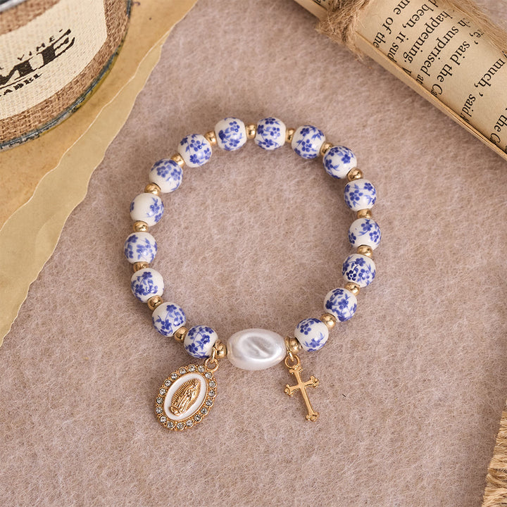 Christianartworkshop Bracciale in ceramica blu/rosa con motivo floreale e grande perlina bianca decorativa: un promemoria della grazia divina. - image 6