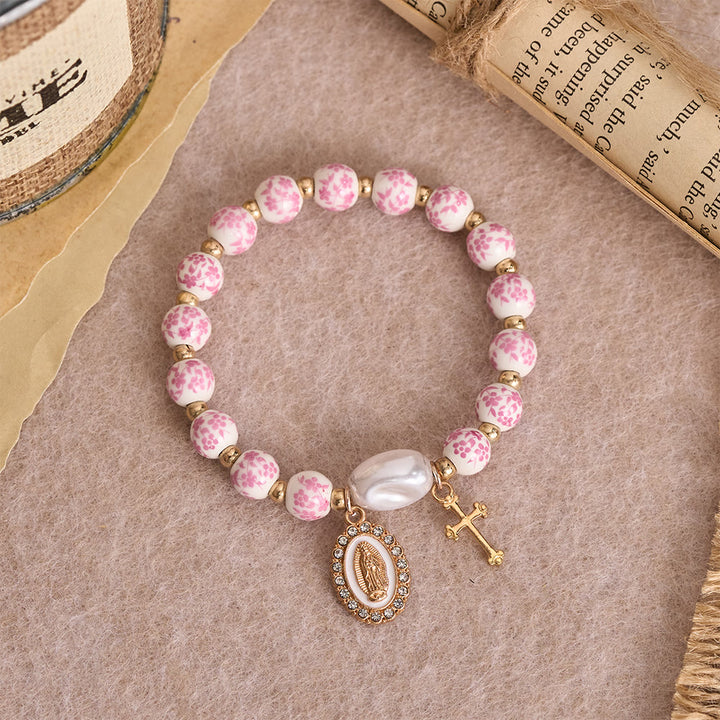 Christianartworkshop Bracciale in ceramica blu/rosa con motivo floreale e grande perlina bianca decorativa: un promemoria della grazia divina. - image 2