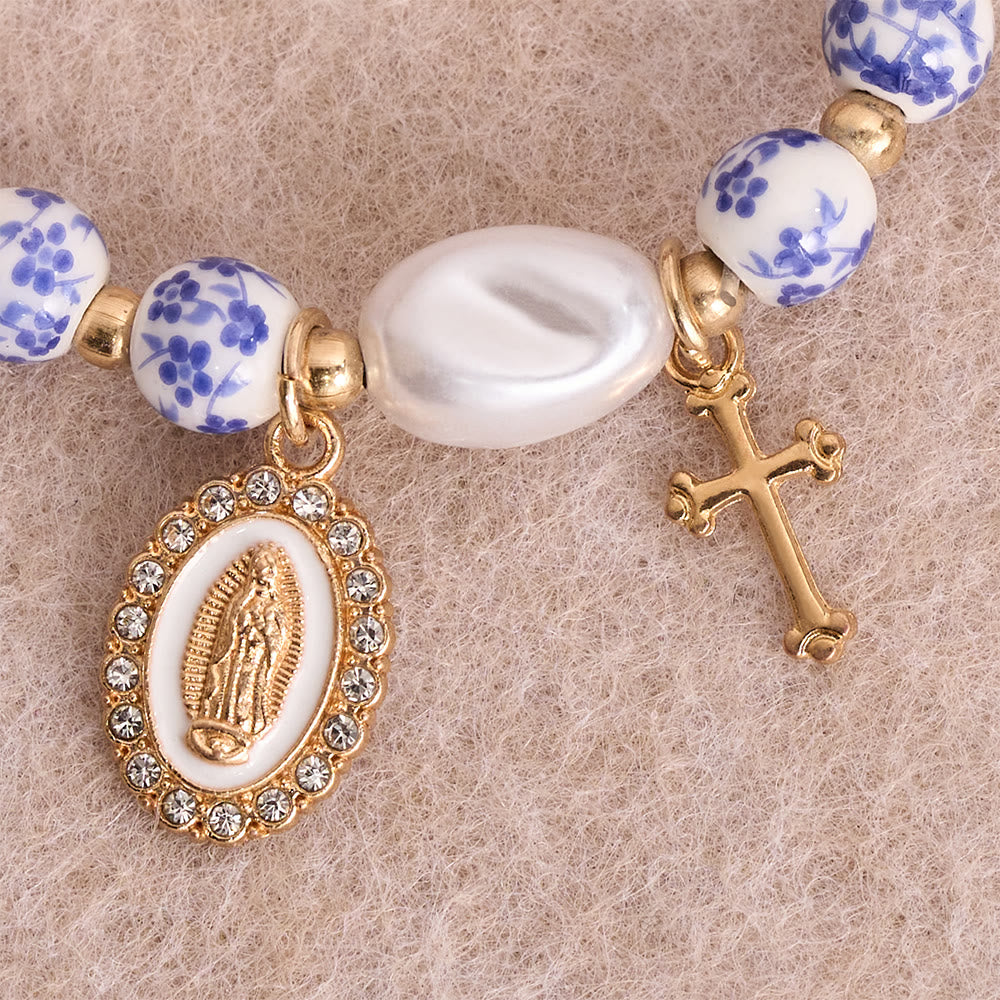 Christianartworkshop Bracciale in ceramica blu/rosa con motivo floreale e grande perlina bianca decorativa: un promemoria della grazia divina. - image 8
