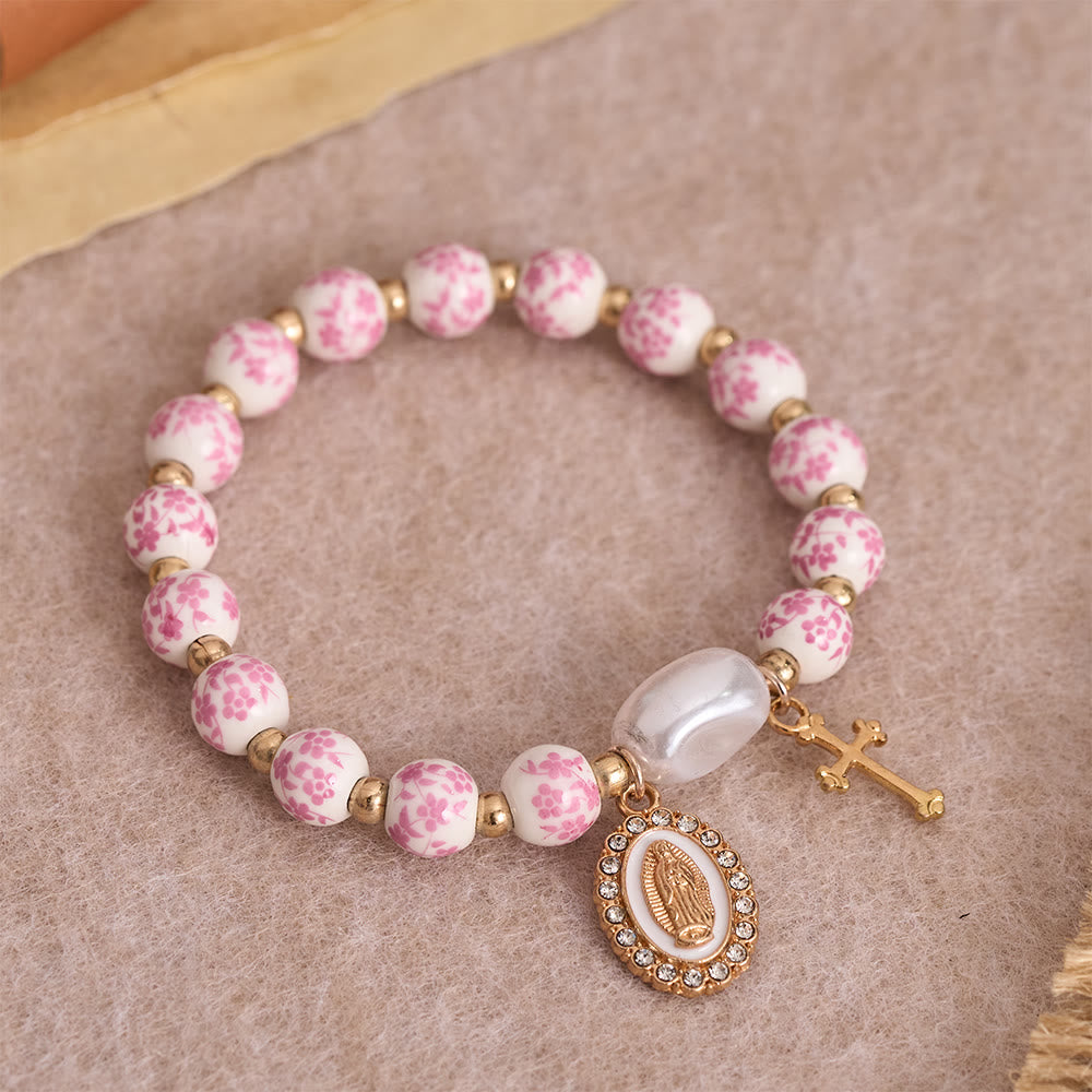 Christianartworkshop Bracciale in ceramica blu/rosa con motivo floreale e grande perlina bianca decorativa: un promemoria della grazia divina. - Blu - image 0