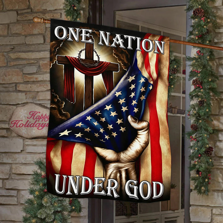 Christianartworkshop Bandiera da giardino con croce e bandiera americana "Una nazione sotto Dio": un simbolo di fede e patriottismo - 90×150 cm (3×5 piedi) - image 0