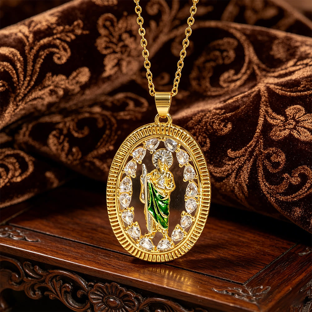 Collana con ciondolo smaltato di San Giuda con alone di zirconi, realizzata Christianartworkshop : simbolo di speranza e protezione divina. - image 6