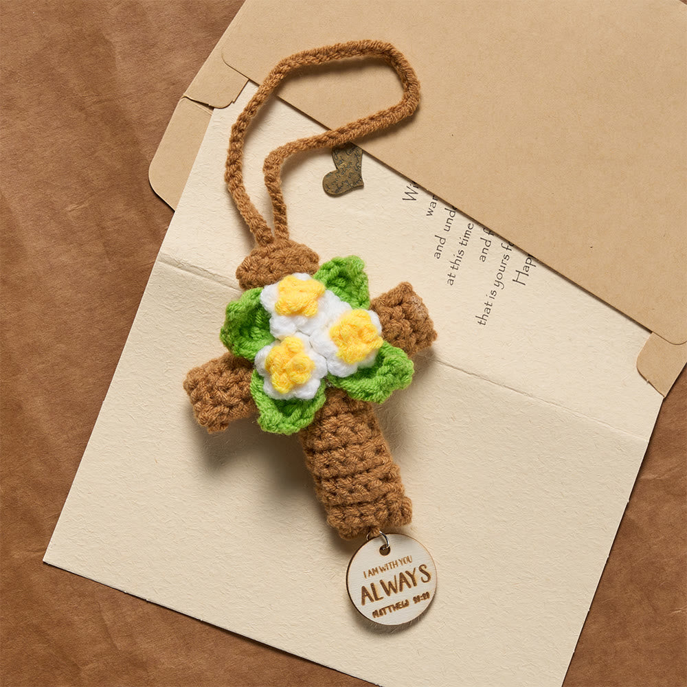 Christianartworkshop Ciondolo per auto a forma di croce all'uncinetto con dischi recanti versetti biblici ispiratori: un promemoria della grazia divina. - 1 SET (1 croce e 6 ciondoli) - image 0