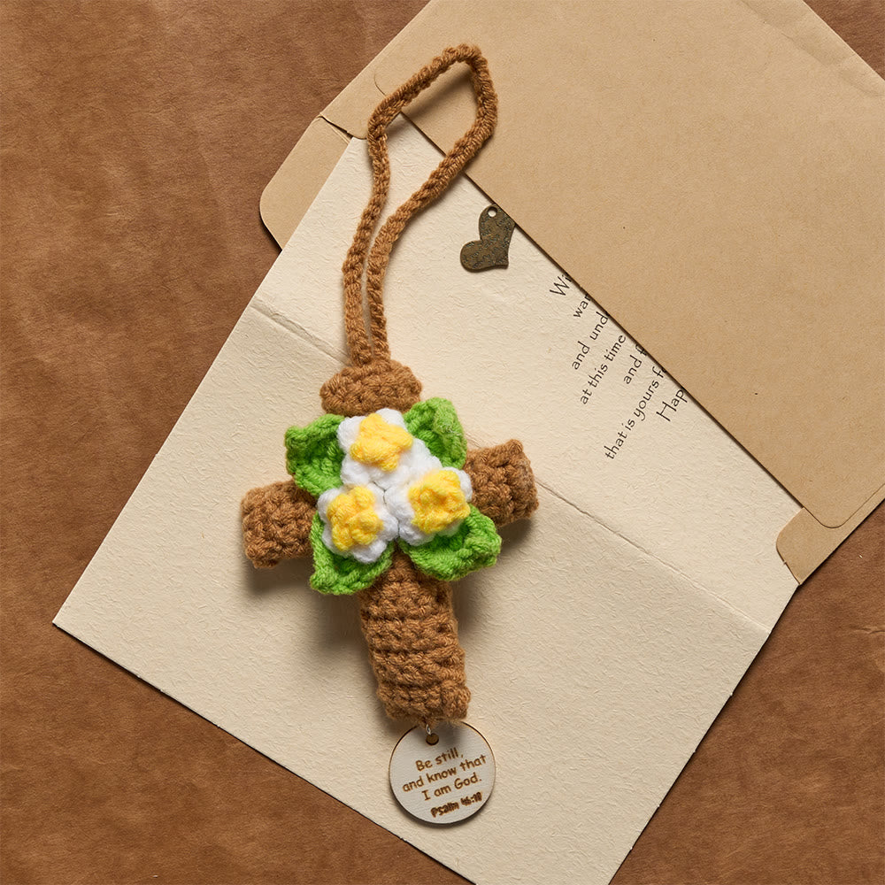 Christianartworkshop Ciondolo per auto a forma di croce all'uncinetto con dischi recanti versetti biblici ispiratori: un promemoria della grazia divina. - image 5
