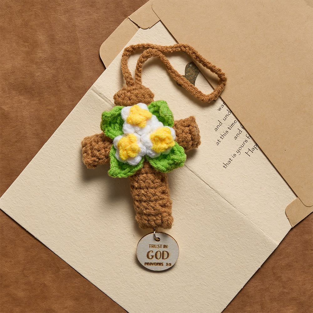 Christianartworkshop Ciondolo per auto a forma di croce all'uncinetto con dischi recanti versetti biblici ispiratori: un promemoria della grazia divina. - image 3