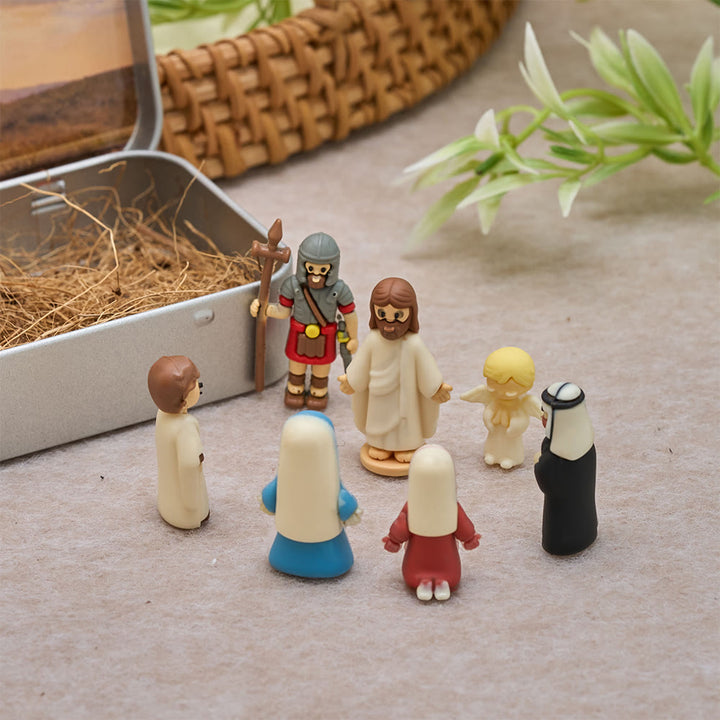 Christianartworkshop Set di statuine in miniatura del presepe con scatola di latta portatile: un simbolo della storia del Natale. - Scatola con mini statuette - image 0
