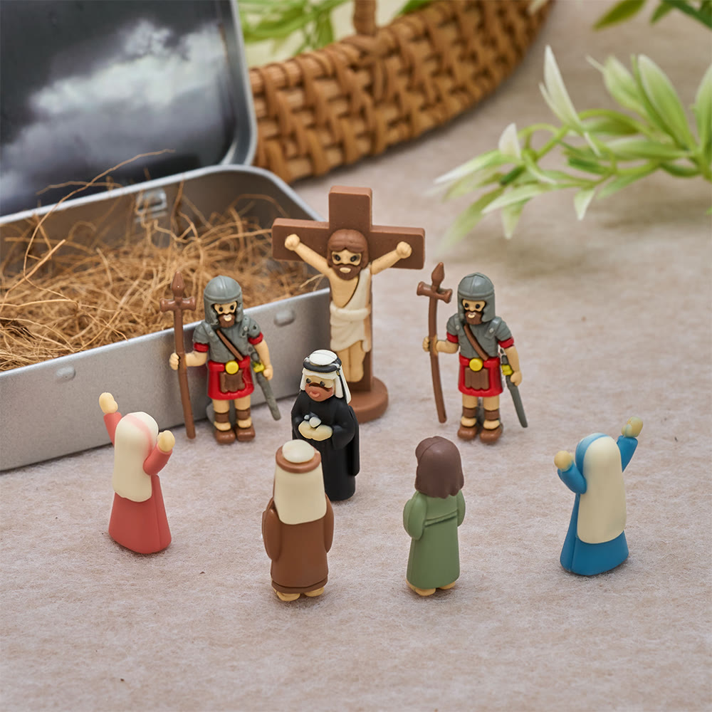 Christianartworkshop Set di mini statuette raffiguranti la Crocifissione del Venerdì Santo con scatola di latta portatile: un simbolo di sacrificio. - Scatola della scena della Crocifissione - image 0