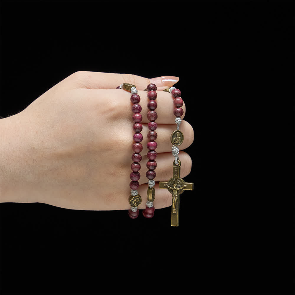 Christianartworkshop Rosario della Madonna in legno di Purpleheart con decorazioni in bronzo. - image 1