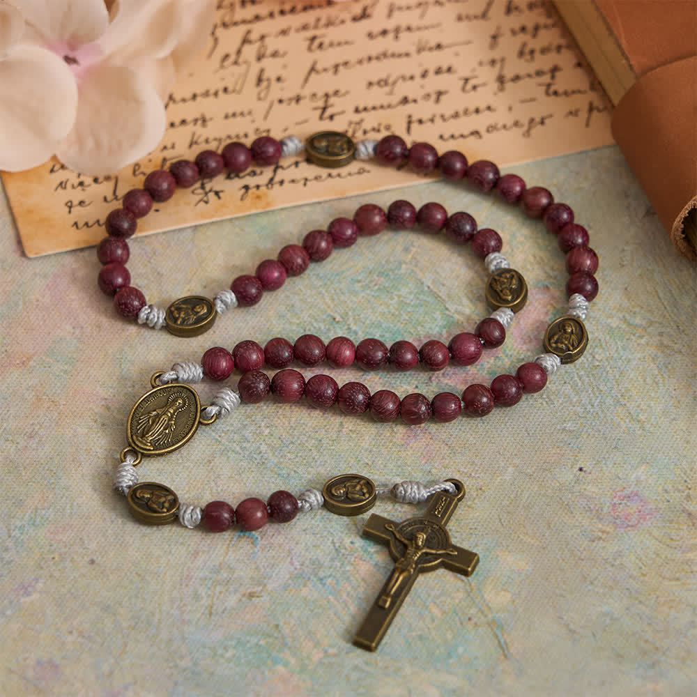 Christianartworkshop Rosario della Madonna in legno di Purpleheart con decorazioni in bronzo. - image 3