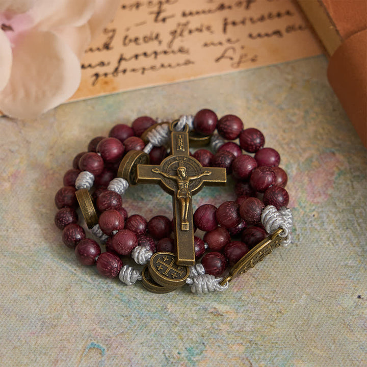 Christianartworkshop Rosario della Madonna in legno di Purpleheart con decorazioni in bronzo. - image 2