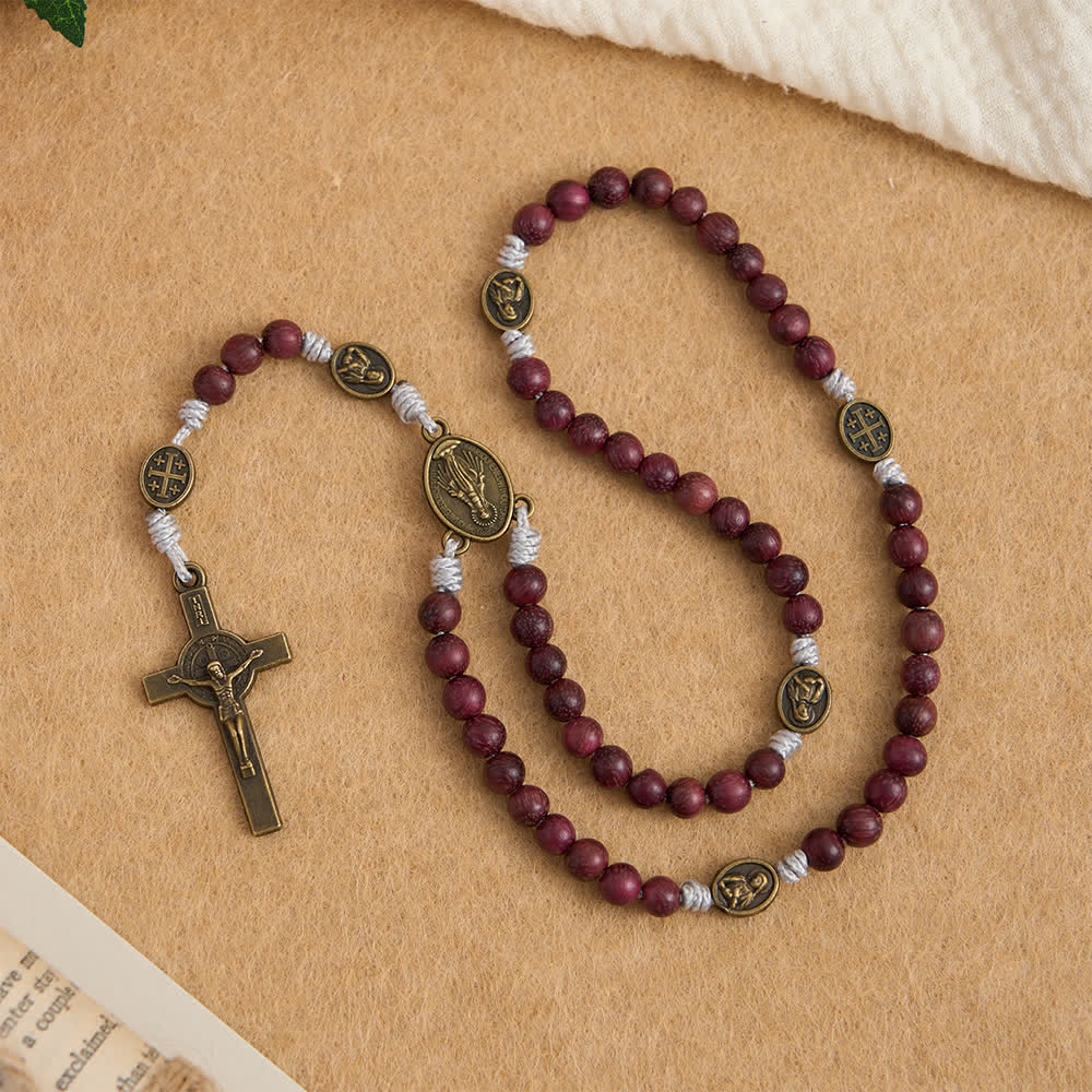 Christianartworkshop Rosario della Madonna in legno di Purpleheart con decorazioni in bronzo. - Nostra Signora e il Crocifisso - image 0
